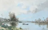River landscape with fisherfolk Signed P by Paul Emmanuel Péraire, Oil on panel, sold Mar 2024