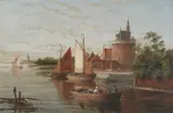 River landscape with boats near as castle Signed W by William Raymond Dommersen, Oil on canvas, sold Mar 2024