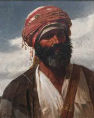 Head of an Arab Sheikh Signed with monogram and dated 1858-70 by Frederick Goodall, 1858, Oil on canvas, sold Mar 2024