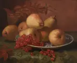 Still life with pears and redcurrants on a blue and white dish by Eloise Harriet Stannard, Oil on canvas, sold Mar 2024