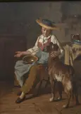 Interior with a young girl and her dog Signed Lucien Gerard by Lucien Gérard, Oil on panel, sold Mar 2024