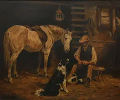 Lunch in the stable Signed JNO EMMS by John Emms, Oil on canvas, sold Mar 2024