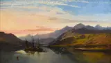 Mountainous landscape with fishing boats on a lake at dawn Signed with by Arthur Gilbert, Oil on canvas, sold Mar 2024