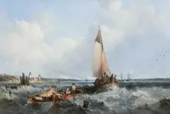 Fishing boats in choppy coastal waters Oil by Alfred Vickers, Oil on canvas, offered Mar 2024