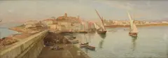 Fisher folk on the harbour wall with a town beyond Signed and by Edward Henry Holder, Oil on canvas, sold Mar 2024