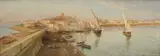 Fisher folk on the harbour wall with a town beyond Signed and by Edward Henry Holder, Oil on canvas, sold Mar 2024
