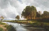 River landscape with figures punting under stormy skies by Edmund Morison Wimperis, Oil on canvas, sold Mar 2024