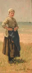 A fisherwoman standing in the dunes Signed and by David Adolph Constanz Artz, Oil on panel, sold Mar 2024
