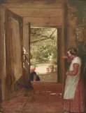 At the doorway Signed and dated C J Lewis/53 by Charles James Lewis, Oil on board laid on panel, sold Mar 2024