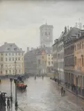 View from Amagertorv looking towards Store Kirkestræde and by Peter Tom-Petersen, Oil on canvas, sold Mar 2024