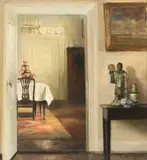 An interior with a Chinese porcelain figure on a table Signed by Carl Holsøe, Oil on canvas, sold Mar 2024