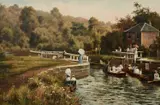 Pleasure boats on a canal Signed THEO HINES by Theodore Hines, Oil on canvas, sold Mar 2024
