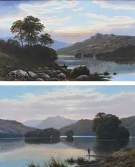 Fishing boats on Rydal Water at dawn by Thomas Spinks, oil on canvas, sold Mar 2024