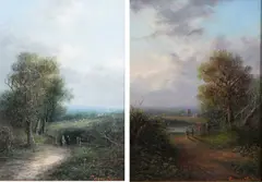 Landscape with travellers on a path by Edwin Buttery, oil on canvas, sold Mar 2024