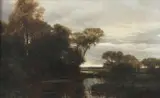 River landscape under cloudy skies Signed A M by Arvid Mauritz Lindström, Oil on canvas, sold Mar 2024