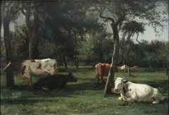 Cows resting in the shade Signed Mark Fisher by Mark William Fisher, Oil on canvas, sold Mar 2024