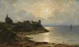 Coastal landscape with a ruin at dusk Signed D Cameron by Duncan Cameron, Oil on canvas, sold Mar 2024