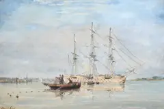 Fishermen near a Three-Mastership in an Estuary by David Cox Sen., Watercolour and gouache, sold Mar 2024