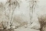 Figures in a landscape near Penmaenmawr Pencil by David Cox Sen., Pencil, pen and ink, and wash, sold Mar 2024