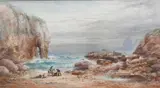 Coastal landscape with figures examining a lobster pot Signed and dated S by Samuel Cook, Watercolour heightened with white, sold Mar 2024