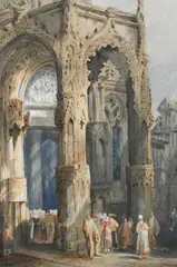 Figures by the West Porch of the Church of St by Samuel Prout Ows, Pencil and watercolour heightened with white, sold Mar 2024