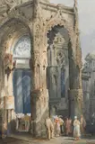 Figures by the West Porch of the Church of St by Samuel Prout Ows, Pencil and watercolour heightened with white, sold Mar 2024