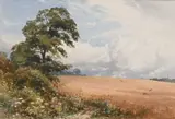 Landscape with birds flying over a field by Harold Sutton Palmer, Watercolour, sold Mar 2024