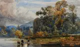 Landscape with cattle watering in front of ruins of an abbey by Alfred Newton, Pencil and watercolour heightened with gum arabic and scratching out, sold Mar 2024