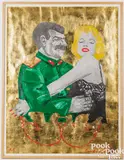 with screen print and gold foil on paper Stalin and Marilyn (Lovebirds) by Leonid Sokov, acrylic and collage, sold Jul 2025