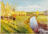 with painted plastic figure Landscape Levitan and Pushkin by Leonid Sokov, oil on canvas, sold Jul 2025