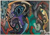 Tribal Ritual or Modern Art by Marilla Palmer, oil on canvas, sold Jul 2025