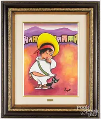 of a young boy and cat by Xavier Cugat, oil on canvas, sold Jun 2025