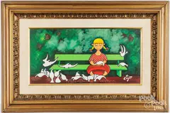 girl feeding pigeons by Xavier Cugat, oil on canvas, sold Jun 2025