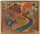 Paul Bunyan and Babe the blue ox by Laura Matlack, oil on canvas, sold Jun 2025