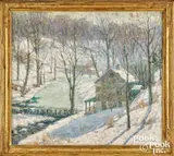 impressionist winter landscape with river and farmhouses by Albert Van Nesse Greene, oil on canvas, sold May 2025