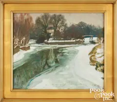 titled Winter at Flatford Mill by Alfred Munnings, oil on board, sold May 2025