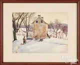 snowscape with farmhouse and figure by Harry Leith-Ross, watercolor, sold May 2025