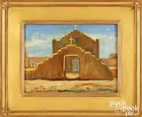 old pueblo church by Everett Gee Jackson, oil on board, sold May 2025