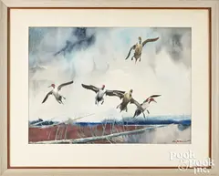 of five pintail ducks titled In Flight by Roy Martell Mason, watercolor, sold May 2025