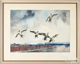 of five pintail ducks titled In Flight by Roy Martell Mason, watercolor, sold May 2025