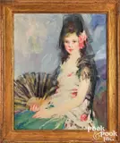 portrait of a young woman with fan by Camelia Whitehurst, oil on canvas, sold May 2025