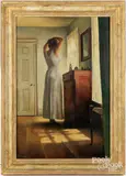 woman standing at a dresser by Keith Williams, oil on canvas, sold Apr 2025