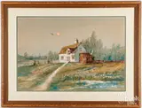 landscape with cottage by Lewis Edmund Darch Lewis, watercolor and gouache, sold Apr 2025