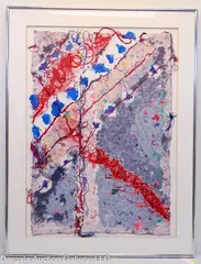 Abstract fabric collage, dyed pressed coton fibers by Sophie Shapiro, acrylic paint drizzles, offered Jun 2024