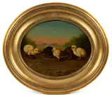 CHICKS FEEDING GENRE PAINTING by Carlo Coppini, oil on board, sold Jun 2026