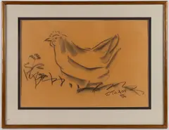 LARGE-SCALE DRAWING OF A CHICKEN by Tasha Tudor, charcoal on brown paper, sold Jun 2025