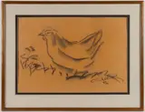 LARGE-SCALE DRAWING OF A CHICKEN by Tasha Tudor, charcoal on brown paper, sold Jun 2025