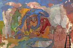Work In Progress by Benoît Gilsoul, ink and gouache on purple paper, sold May 2020