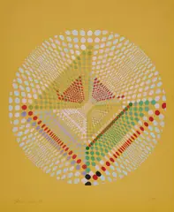 Olot by Carlos Silva, 1971, acrylic and gouache on paper laid down a 1/2 inch around each edge, sold Jul 2020