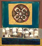 Mykonos by Leonard French, c.1964, mixed media on board, sold Sep 2026